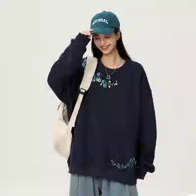 阿凡迪 美式高街植物花卉品牌花体字母嵌入式设计印花学院风百搭纯色无性别主义宽松痞帅上衣小清新打底内搭氛围圆领卫衣 男女同款