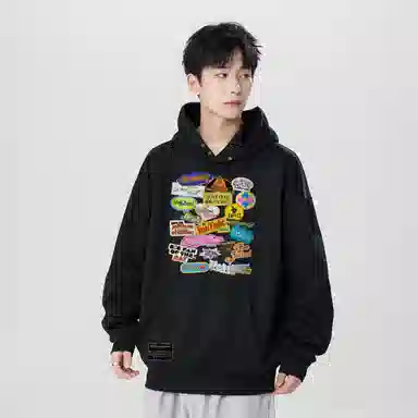 阿凡迪 美式复古潮流高街个性潮牌卡通字母印花设计纯色宽松日常舒适学生党休闲百搭氛围感学院风长袖纽扣套头连帽卫衣 男女同款