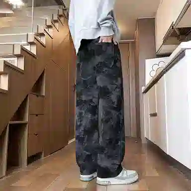 阿凡迪 扎染美式复古重磅闪电手绘字母裤子高街户外运动裤校园风日常通勤百搭微喇情侣装长裤宽松柔软垂感舒适阔腿潮流休闲裤 男女同款