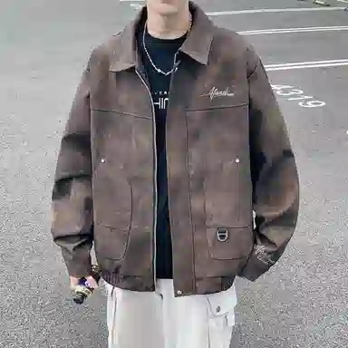 阿凡迪 仿刺绣美式高街复古时尚潮流创意手写签名体袖口印花保暖耐磨绒感落肩翻领长袖拉链舒适百搭休闲学院风夹克外套 男女同款