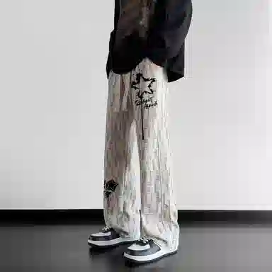 阿凡迪 扎染美式复古手绘星星涂鸦字母系带抽绳裤子高街户外运动裤日常通勤百搭微喇情侣装长裤宽松柔软垂感舒适阔腿潮流休闲裤 男女同款