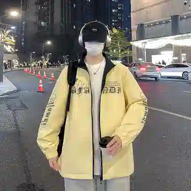 阿凡迪 美式高街复古潮牌品牌字母袖子印花设计极简通勤学院风拼接翻领休闲运动街头日常百搭舒适宽松夹克外套 男女同款
