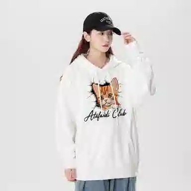 阿凡迪 仿刺绣美式复古高街时尚潮流创意可爱小猫印花纯色宽松日常通勤休闲运动学生党经典百搭长袖氛围感重磅连帽卫衣 男女同款