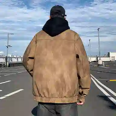 阿凡迪 仿刺绣美式高街复古时尚潮流创意手写签名体袖口印花保暖耐磨绒感落肩翻领长袖拉链舒适百搭休闲学院风夹克外套 男女同款