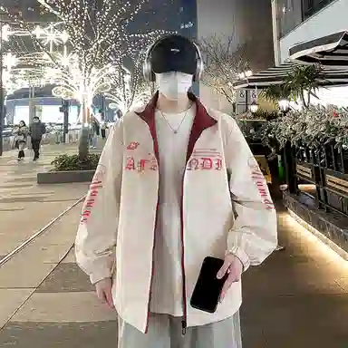 阿凡迪 美式高街复古潮牌品牌字母袖子印花设计极简通勤学院风拼接翻领休闲运动街头日常百搭舒适宽松夹克外套 男女同款