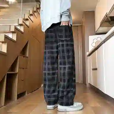 阿凡迪 美式复古潮流格子条纹中腰潮牌系带星星小标字母印花日常百搭高街宽松垂坠微弹汤透气阔腿裤垂感直筒休闲裤 男女同款