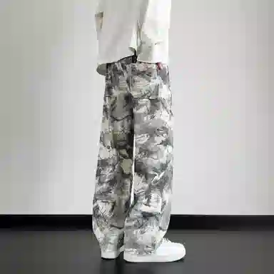 阿凡迪 扎染美式复古重磅闪电手绘字母裤子高街户外运动裤校园风日常通勤百搭微喇情侣装长裤宽松柔软垂感舒适阔腿潮流休闲裤 男女同款