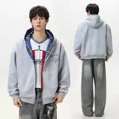 阿凡迪 美式高街复古格子重磅双面穿拼接潮牌嘻哈高级感设计时尚百搭宽松休闲舒适长袖廓形外套情侣连帽开衫卫衣 男女同款