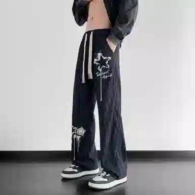 阿凡迪 扎染美式复古手绘星星涂鸦字母系带抽绳裤子高街户外运动裤日常通勤百搭微喇情侣装长裤宽松柔软垂感舒适阔腿潮流休闲裤 男女同款