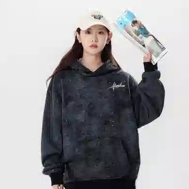 阿凡迪 满天星仿刺绣美式高街复古时尚潮流个性创意简约签名体胸口印花宽松日常通勤休闲运动经典百搭长袖氛围感套头连帽卫衣 男女同款