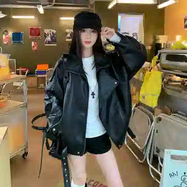 桴生 秋冬季节专属 韩版美式复古风宽松百搭舒适廓形机车服夹克上衣皮衣 女款