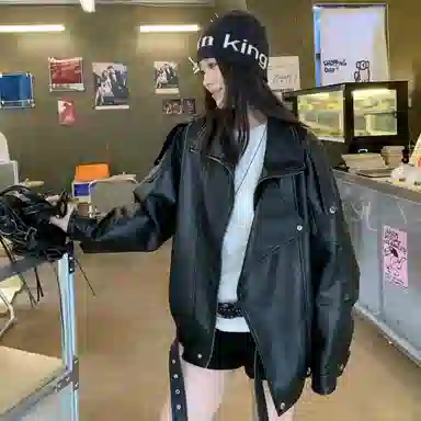 桴生 秋冬季节专属 韩版美式复古风宽松百搭舒适廓形机车服夹克上衣皮衣 女款