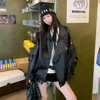 桴生 秋冬季节专属 韩版美式复古风宽松百搭舒适廓形机车服夹克上衣皮衣 女款
