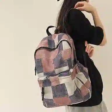 南潇湘 日系拼色格子通勤旅行休闲百搭大容量背包初高中大学生毕业季旅游上课书包 牛仔 双肩包 男女同款情侣款 红色/蓝色/粉色