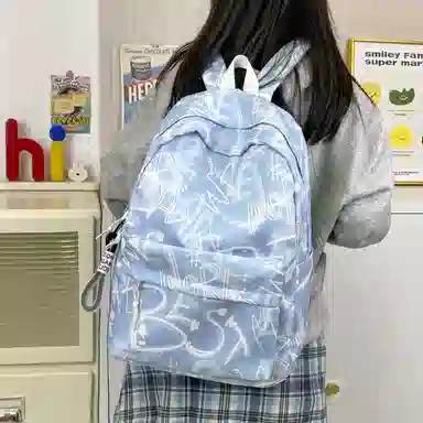 南潇湘 小清新休闲高颜值精美潮版韩版背包初中生高中生大学生上课百搭书包 尼龙 双肩包 男女同款情侣款 蓝色/绿色/红色/黑色