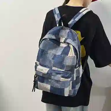 南潇湘 日系拼色格子通勤旅行休闲百搭大容量背包初高中大学生毕业季旅游上课书包 牛仔 双肩包 男女同款情侣款 红色/蓝色/粉色