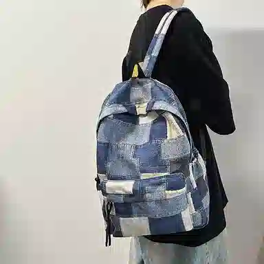 南潇湘 日系拼色格子通勤旅行休闲百搭大容量背包初高中大学生毕业季旅游上课书包 牛仔 双肩包 男女同款情侣款 红色/蓝色/粉色