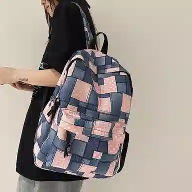 南潇湘 日系拼色格子通勤旅行休闲百搭大容量背包初高中大学生毕业季旅游上课书包 牛仔 双肩包 男女同款情侣款 红色/蓝色/粉色