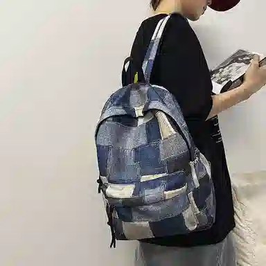 南潇湘 日系拼色格子通勤旅行休闲百搭大容量背包初高中大学生毕业季旅游上课书包 牛仔 双肩包 男女同款情侣款 红色/蓝色/粉色