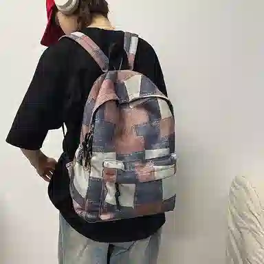 南潇湘 日系拼色格子通勤旅行休闲百搭大容量背包初高中大学生毕业季旅游上课书包 牛仔 双肩包 男女同款情侣款 红色/蓝色/粉色