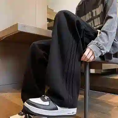 爆炸哥 秋季美式复古运动百搭纯色阔腿裤青少年垂感侧边褶皱拼接设计直筒休闲裤 男女同款