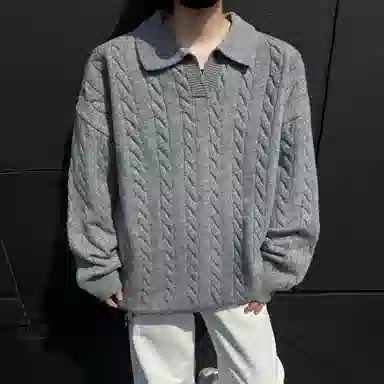 悍戈 美式韩系复古慵懒风纯色麻花翻领宽松百搭面料舒适可内搭外穿适合通勤休闲等多种场景针织衫 男女同款