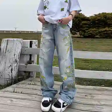 美式复古花卉刺绣水洗做旧潮流长裤 立体剪裁垂感十足牛仔裤 男女同款