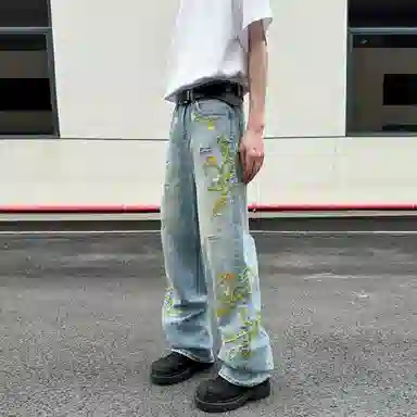 美式复古花卉刺绣水洗做旧潮流长裤 立体剪裁垂感十足牛仔裤 男女同款