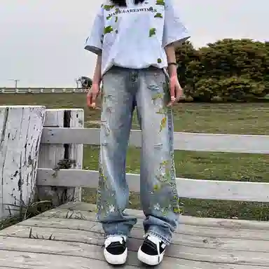 美式复古花卉刺绣水洗做旧潮流长裤 立体剪裁垂感十足牛仔裤 男女同款
