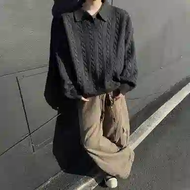 悍戈 美式韩系复古慵懒风纯色麻花翻领宽松百搭面料舒适可内搭外穿适合通勤休闲等多种场景针织衫 男女同款