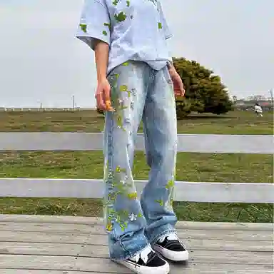 美式复古花卉刺绣水洗做旧潮流长裤 立体剪裁垂感十足牛仔裤 男女同款