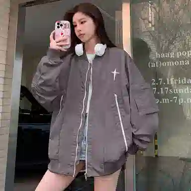 UNA RETA Vintage Star Zip Baseball Jacket