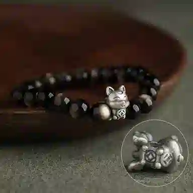 子婳 金银狐狸夏天文玩 百搭招财猫时尚简约 黑曜石 手串 男女同款情侣款