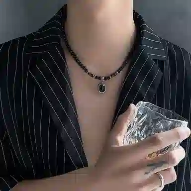 子婳 新中式复古国风招财转运珠潮方牌时尚百搭#好运 黑曜石 项链 男款