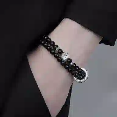 子婳 六字箴言平安扣手链时尚百搭复古国潮转运珠轻奢高级感 黑曜石 手串 男款