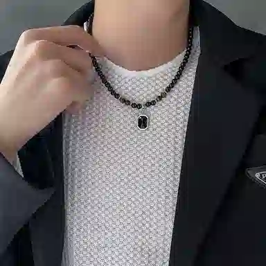 子婳 新中式复古国风招财转运珠潮方牌时尚百搭#好运 黑曜石 项链 男款