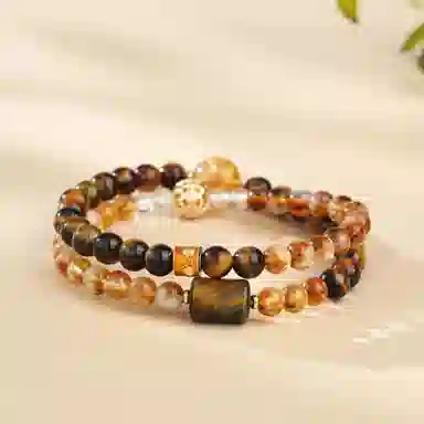 子婳 黄塔晶多圈叠戴珠串本命年招财转运珠诸事顺利复古精致时尚优雅百搭水晶串珠高级感手链 虎眼石 玉石手串 男女同款情侣款