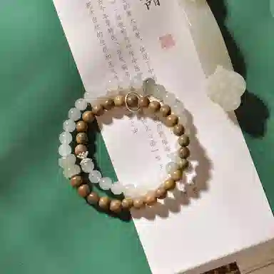 子婳 清灵小物檀木好运双蒂莲天山玉飘绿珠银环连连平安顺逐新中式复古国风小众精致清新优雅百搭串珠 绿檀 手串 女款