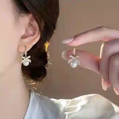 子婳 精品蝴蝶结珍珠吊坠时尚百搭气质优雅甜美浪漫可爱 合金 耳环 女款