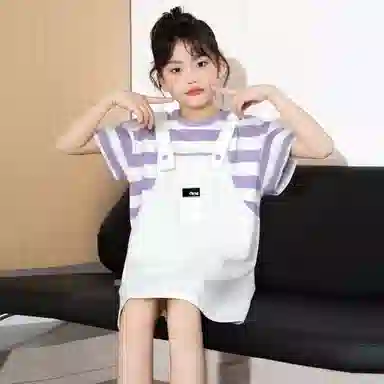 唐狮童装连衣裙 时尚条纹拼接假两件舒适亲肤短袖 中小童