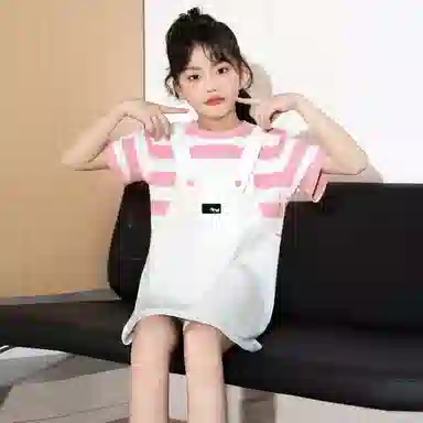 唐狮童装连衣裙 时尚条纹拼接假两件舒适亲肤短袖 中小童