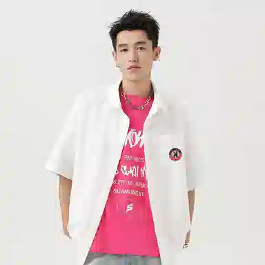 红豆 冰丝凉感顺滑基础款美式复古潮流工装衬衣休闲宽松轻薄透气舒适有型接触凉感百搭宽松纽扣翻领户外短袖衬衫 男女同款