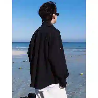 徐百货 美式假两件拼接设计感衬衣黑色高级感痞帅上衣宽松舒适潮流百搭西装 男女同款