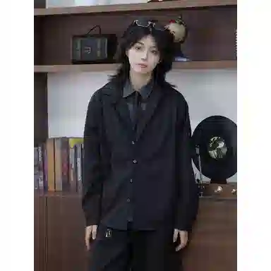 徐百货 美式假两件拼接设计感衬衣黑色高级感痞帅上衣宽松舒适潮流百搭西装 男女同款