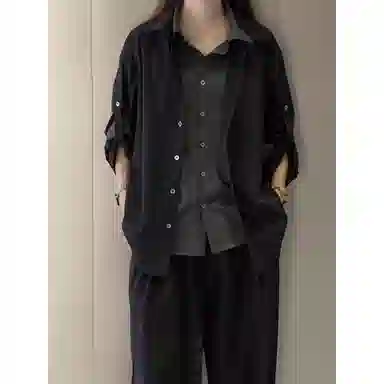 徐百货 美式假两件拼接设计感衬衣黑色高级感痞帅上衣宽松舒适潮流百搭西装 男女同款