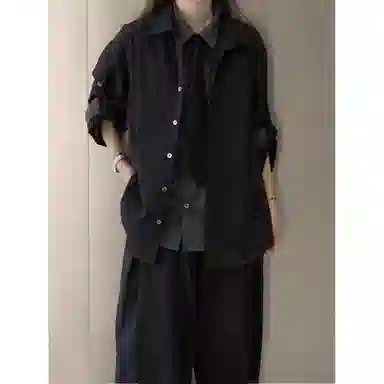 徐百货 美式假两件拼接设计感衬衣黑色高级感痞帅上衣宽松舒适潮流百搭西装 男女同款