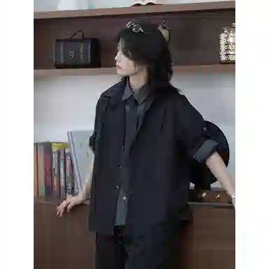 徐百货 美式假两件拼接设计感衬衣黑色高级感痞帅上衣宽松舒适潮流百搭西装 男女同款