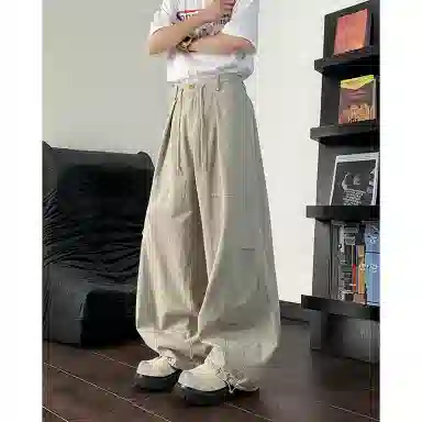 悍戈 美式复古宽松阔腿抽绳设计感工装裤百搭高街风休闲裤 男女同款