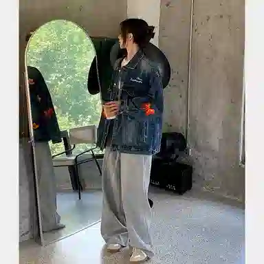 美式复古高街风蝴蝶图案设计水洗做旧宽松百搭潮流长袖牛仔外套 男女同款