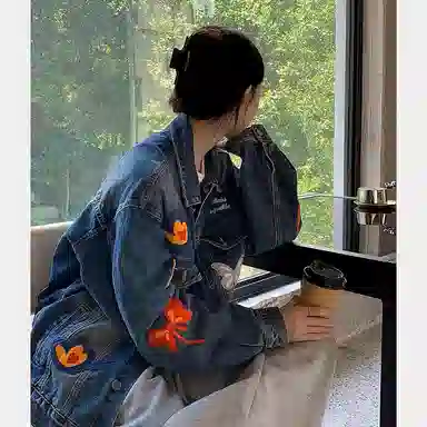 美式复古高街风蝴蝶图案设计水洗做旧宽松百搭潮流长袖牛仔外套 男女同款